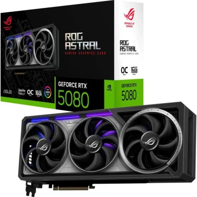 Afbeelding van ASUS ROG ASTRAL GeForce RTX 5080 16 GB GDDR7 OC Edition Gaming Grafische kaart (Nvidia RTX5080, vier ventilatoren, PCIe 5.0, 2x HDMI 2.1b, 3X DisplayPort 2.1a, RTX5080 O16G GAMING)