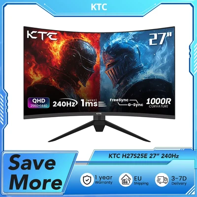 Afbeelding van KTC H27S25E Gaming Monitor, 27 inch 2560*1440 QHD CSOT HVA scherm, 1000R kromming, 240Hz Refresh Rate, 1ms MPRT responstijd, Adaptive Sync, 2500:1 contrastverhouding, VESA montage, weinig blauw licht &amp; trillingsvrij, 2*HDMI 2.0, 1*DP1.2,1*oortelefoon