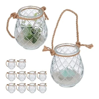 Afbeelding van Relaxdays windlicht met touw set van 12 theelichthouder patroon glas ophangen