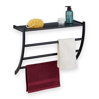 Afbeelding van Relaxdays handdoekrek muur met plank 3 stangen handdoekhouder zwart metaal badkamer