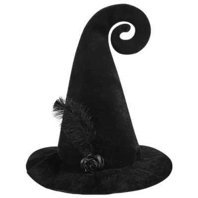 Afbeelding van Spooktacular Creations Zwarte krullende heksenhoed met veer, voor vrouwen, Halloween kostuumaccessoire, schoolrollenspel, themafeesten