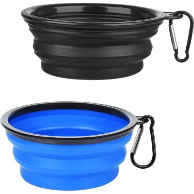 Afbeelding van 2x Opvouwbare Drinkbak/Voerbak Waterbak Kat en Hond Siliconen Drinkbak Voerbak Opvouwbaar Drinkbakje Reisvoerbak 350 ML Blauw + Zwart