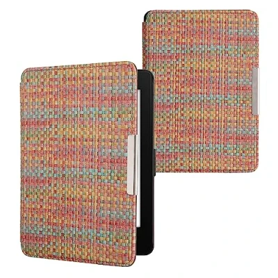 Afbeelding van kwmobile ereader hoesje compatibel met Amazon Kindle Paperwhite Case magnetische sluiting Hoes voor e reader in geel/rood/groen Kleurrijk weefpatroon
