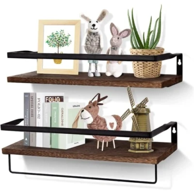 Afbeelding van Uten Wandrek, rustiek zwevend rek, hout, metaal, met handdoekhouder, set van 2, voor wandmontage slaapkamer, woonkamer, badkamer, keuken, kantoor, bruin, 42 x 15 7,5 cm