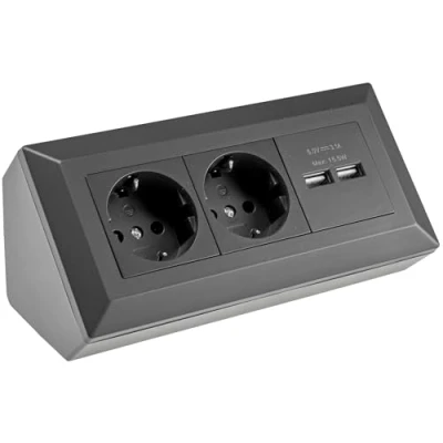 Afbeelding van 2 voudige stekkerdoos + 2x USB, zwart, 250V / 16A, USB 5V=, opbouw, ideaal voor werkbladen en werkbanken