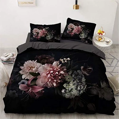 Afbeelding van Luowei Beddengoed bloemen 135 x 200 cm 4 delig zwart vintage dekbedovertrek set zachte microvezel en 2 kussenslopen 80 voor tweepersoonsbed