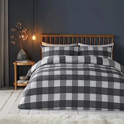 Afbeelding van Fusion Snug Seersucker Gingham Check Geborsteld Dekbedovertrek Set Tweepersoonsbed in Houtskool
