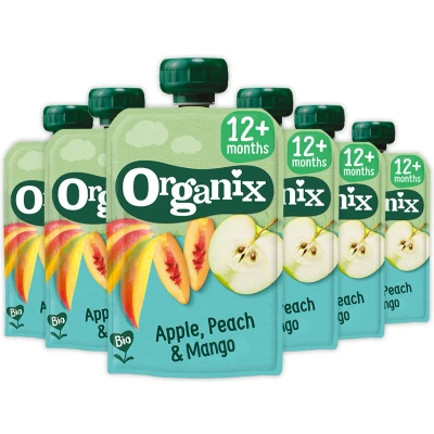 Afbeelding van 6x Organix Knijpfruit 12+m Appel, Perzik &amp; Mango 100 gr