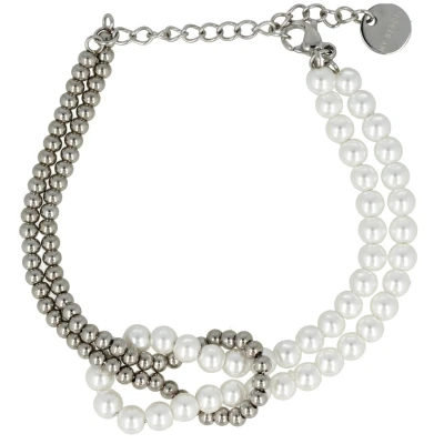 Afbeelding van zilverkleurige armband Met knoopdetail en witte parels Fijne schakelarmband luxe cadeauverpakking