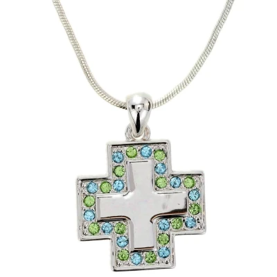 Afbeelding van Behave Zilver kleurige ketting met kruis groen en blauwe steentjes