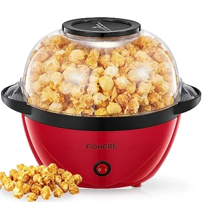 Afbeelding van FOHERE Popcornmachine, 3,5 l popcornmachine voor huisvrouw met elektrische roerder, suiker en olie, anti aanbaklaag, groot deksel als serveerschaal