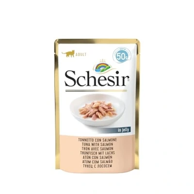 Afbeelding van Schesir Cat Jelly Tonijn Met Zalm, Kattenvoer Nat, 30 zakjes x 50 g
