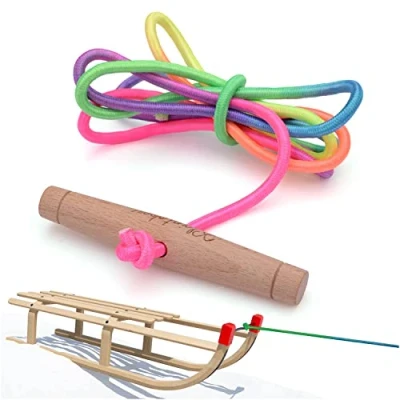 Afbeelding van KLEINTOBER Premium slee lijn, touw met handvat, extra lang, 180 cm, regenboogkleur, voor rodel, bob, porutscher, berkenhandvat, breed, trekkoord slee, koord 5 mm diameter
