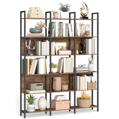 Afbeelding van VASAGLE Boekenkast, Keukenplank, Vrijstaande Plank met 6 Open Planken, Gang, Keuken, Kantoor, Stevig Stalen Frame, Industrieel Ontwerp, 24 x 128 187,1 cm, Vintage Bruin Inkt Zwart LLS151K01