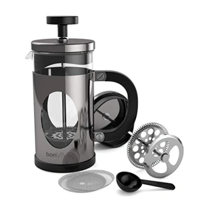 Afbeelding van bonVIVO GAZETARO I Franse pers koffiemaker, koffiepers van roestvrij staal en hittebestendig borosilicaatglas, design persmachine in zilver afwerking, met extra bonusfilter, 0,35 l.