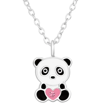 Afbeelding van JoyS Zilveren panda hanger inclusief ketting 39 cm (extra oogje bij 36 cm) zwart wit met roze hartje