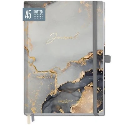 Afbeelding van paper&amp;you® Premium Bullet Journal gestippeld [Grijs Marmer] notitieboek A5 188 pagina&#039;s dik papier agenda met stippenraster, elastiek, penhouder duurzaam &amp; klimaatneutraal