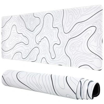 Afbeelding van Gaming muismat topografische lange groot 80 x 30 cm bureauonderlegger mat met antislip basis genaaide rand toetsenbord voor kantoor bureau onderlegmat (wit)
