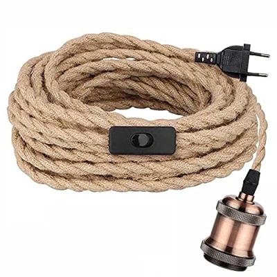Afbeelding van Retro Lampkabel 4,5 meter gedraaid henneptouw vintage hanglamp kit met schakelaar E27 lamphouder plug in DIY hangende lamp voor boerderij Home Loft