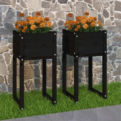 Afbeelding van Plantenbakken 2 st 40x40x81 cm massief grenenhout zwart