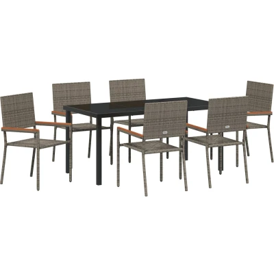 Afbeelding van vidaXL 7 delige Tuindining Set Grijs Poly Rattan Acacia, Stapelbare Tuinstoelen met Kussens 2 stuks
