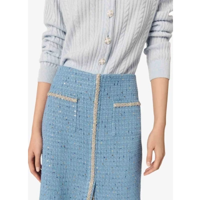Afbeelding van Maje dames Fijngebreide A lijn midi rok met tweed look en pailletten in de kleur Lichtblauw, maat: FR0=EU34