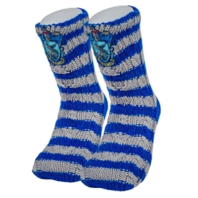 Afbeelding van Harry Potter Slipper Sokken Faux Fur gevoerd antislip warm &amp; comfortabel Hogwarts House, Blauw zilver, one size