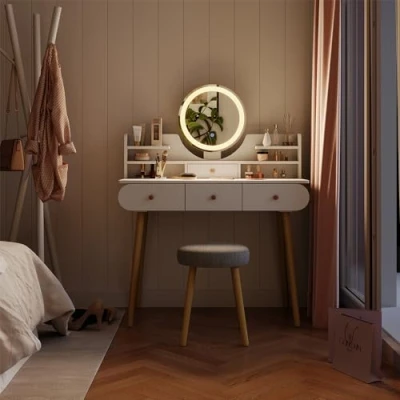 Afbeelding van Vicco Make uptafel set met kruk &quot;Edda&quot;, Wit, 100 cm LED spiegel en
