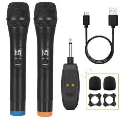 Afbeelding van ALPOWL Draadloze microfoon, UHF Dual Cordless Dynamic Mic System, handkaraoke microfoon met oplaadbare ontvanger (Auto Connect, 200 meter bereik) voor zang, kerk, toespraak, bruiloft, feest
