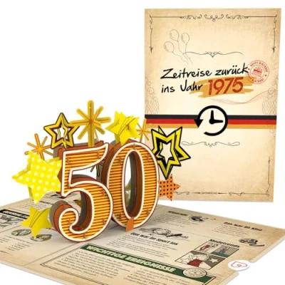 Afbeelding van papercrush® Pop Up Kaart &quot;Back to the Year 1975&quot; grappige 3D Verjaardagskaart voor 50e Verjaardag Vrouw &amp; Man Speciale wenskaart 50 jaar met feiten over de vintage