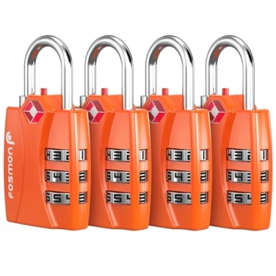 Afbeelding van Fosmon Door TSA goedgekeurde bagagesloten, (4 stuks) Open Alert Indicator 3 cijferige combinatie hangslotcodes met aluminium behuizing oranje… (Oranje)