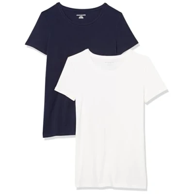 Afbeelding van Amazon Essentials Women&#039;s T shirt met korte mouwen en ronde hals in klassieke pasvorm, Pack of 2, Marineblauw/Wit, XS