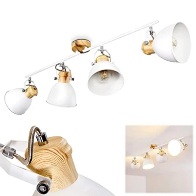 Afbeelding van plafondlamp Banjul, van metaal in wit/houtlook, 4 lichts, met verstelbare spots, x E27 fitting, retro/vintage design spot, zonder gloeilampen
