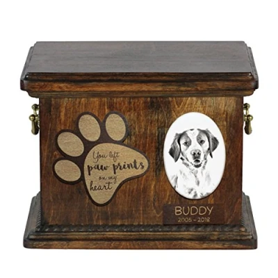 Afbeelding van Art Dog Custom Memorial Urn Handgemaakt Koud Gegoten Bronzen Portret op Berken Basis met Gepersonaliseerde Keramische Plaat 8,3x11,4x8,7 Bretagne spaniël