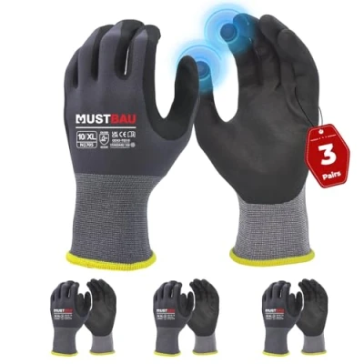Afbeelding van Mustbau 3 paar werkhandschoenen met touchscreen, slijtvaste nitril handschoenen, uitstekende grip, geschikt voor tuinieren, mechanica, bouwplaats (grijs, XL)