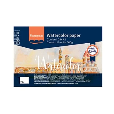 Afbeelding van Vaessen Creative Florence Aquarelpapier Pad A6, gebroken wit, 300 GSM, textuur oppervlak, kunstenaarskwaliteit, schetsboek met 24 vellen voor schilder , handbelettering en kunstprojecten
