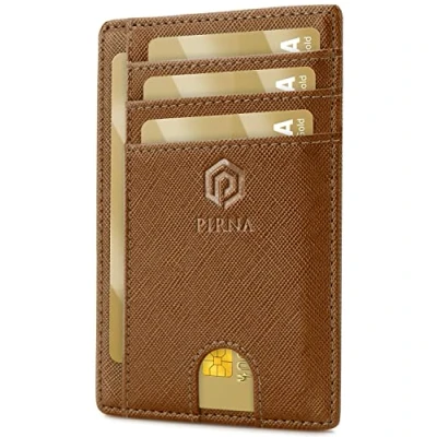 Afbeelding van Slanke Portemonnee voor Heren RFID Blokkerende Minimalistische Kaarthouder en Dames met Geschenkdoos, Slim Wallet Card Holder Bruin Karamel