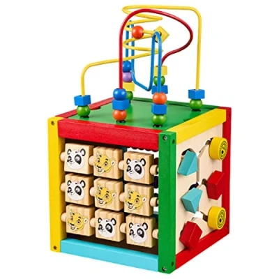 Afbeelding van Balinco MOTOR CUBE Jungle, 5 zijdig, Incl. kralendoolhof, telraam, bouwsteenschuifdoolhof, tijger wijzer klok, kubus baby, houten speelgoed vanaf 6 maanden