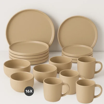 Afbeelding van Cheqo® Serviesset 16 delig Aardewerk Stijlvolle Bordenset 4 Persoons Ontbijtborden &amp; Dinerborden Kommen Mokken Magnetronbestendig Vaatwasserbestendig Elegante Zand Kleur Duurzame Kwaliteit