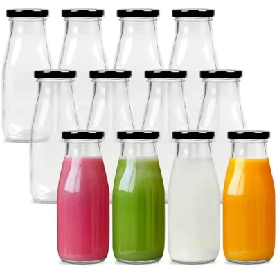 Afbeelding van Belle Vous Herbruikbare Glazen Melk Flessen met Metalen Deksels (12 Pak) 300 ml Vintage Melkproduct Drink Set Retro Feest Drinkwaren Voor Smoothies Ideaal BBQ, Bruiloft en Feesten