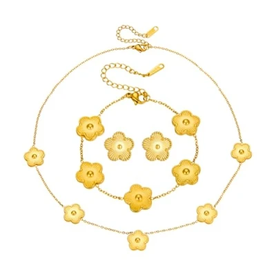 Afbeelding van Hanaoops Klavertje Vier Sieraden Set voor Vrouwen Meisjes 18K Vergulde Ketting Stud Oorbellen Armband Roestvrij staal Vijf Blad Klaver Lucky Dainty Emaille Set,