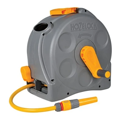 Afbeelding van HOZELOCK Compacte slanghaspel 25 M 2 in 1: draagbaar of aan de muur gemonteerd, licht oprolmechanisme, geleverd met slangspuit, aansluitingen en bevestigingsmateriaal
