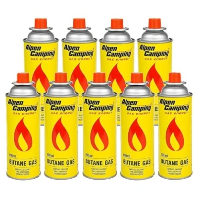 Afbeelding van Alpen Camping Butaan Gaspatronen Gasflessen voor gasfornuis Kampeerfornuis Bunsenbrander Soldeerbrander 400 ml EN417 (9 x ml)