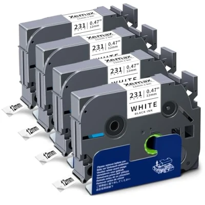 Afbeelding van 4 x XemaX labeltape, compatibel met P Touch tapes, 12 mm, TZe 231, TZ zwart op wit, labels, cassette voor PT E110, H100R, H110, H101C, H108, E100, H100LB, H105