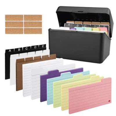 Afbeelding van 230 indexkaarten met indexdoos, zwart, kleurrijk, gelinieerd, 15 tabbladen, 6 ringen, stickers, indexkaarten, doos, 10 kleuren, flashcards, woordenschat kaarten, indexkaart voor schoolspullen,