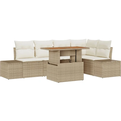 Afbeelding van vidaXL 6 Delige Tuin Eettafel Set met Kussens Beige Poly Rattan Acacia