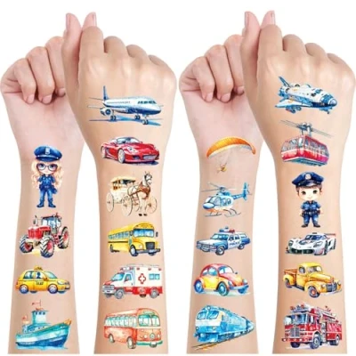 Afbeelding van Glitter Tattoo Set, 12 Vellen Motorvoertuigen Tijdelijke Tatoeages voor Kinderen, Geschenken Gongens en Meisjes, Feestdecoratie, Verjaardagsfeestje Bag Filler