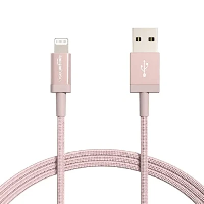 Afbeelding van Amazon Basics USB A naar Lightning oplaadkabel, 2 stuks, nylon gevlochten snoer, MFi gecertificeerde oplader voor Apple iPhone 14 13 12 11 X Xs Pro, Pro Max, Plus, iPad, 1,8 m, roségoud