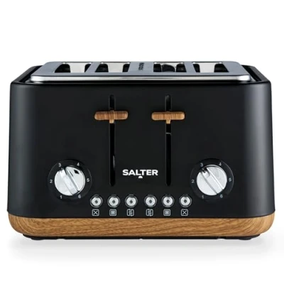 Afbeelding van Salter Toronto 4 Slice Toaster Brede Sleuven, 6 Bruiningsniveaus, Verwijderbare Kruimellade, Ontdooien, Opwarmen, Annuleren, Zelfcentrerende Functie, High Lift Eject, 1630 W, Mat Zwart