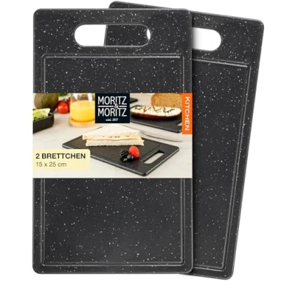 Afbeelding van Moritz &amp; Set van 2 kunststof snijplanken met sapgoot in graniet look, 25 x 15 cm, snijplanken, BPA vrij, ontbijtplankjes, snijplankenset, hygiënisch en vaatwasmachinebestendig